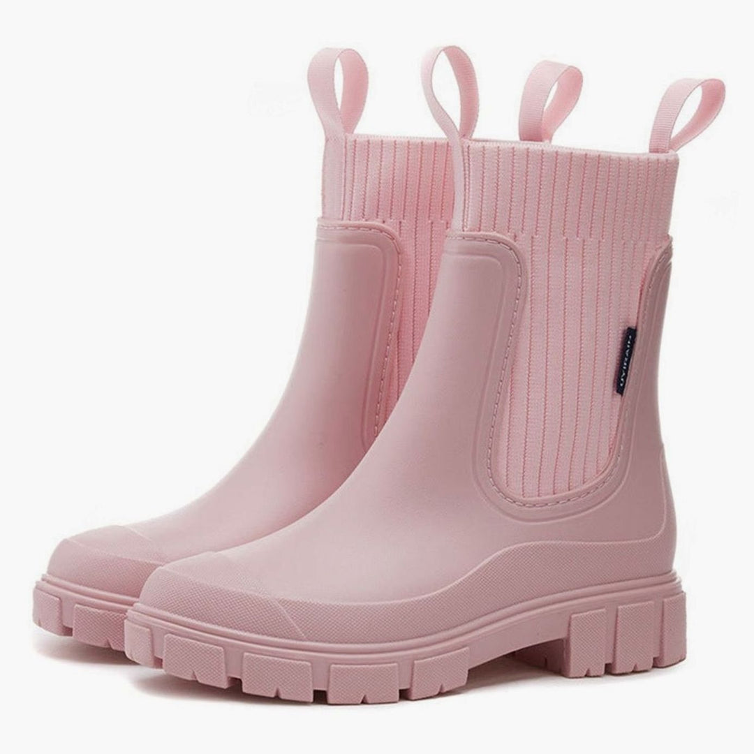 Women's Waterproof Knit-Collar Chunky-Sole Chelsea Rain Boots - Pink