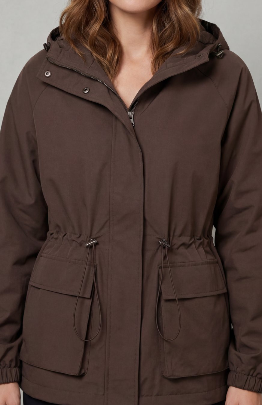 Women's Waterproof Utility Parka Drawstring Hooded Jacket - Brown