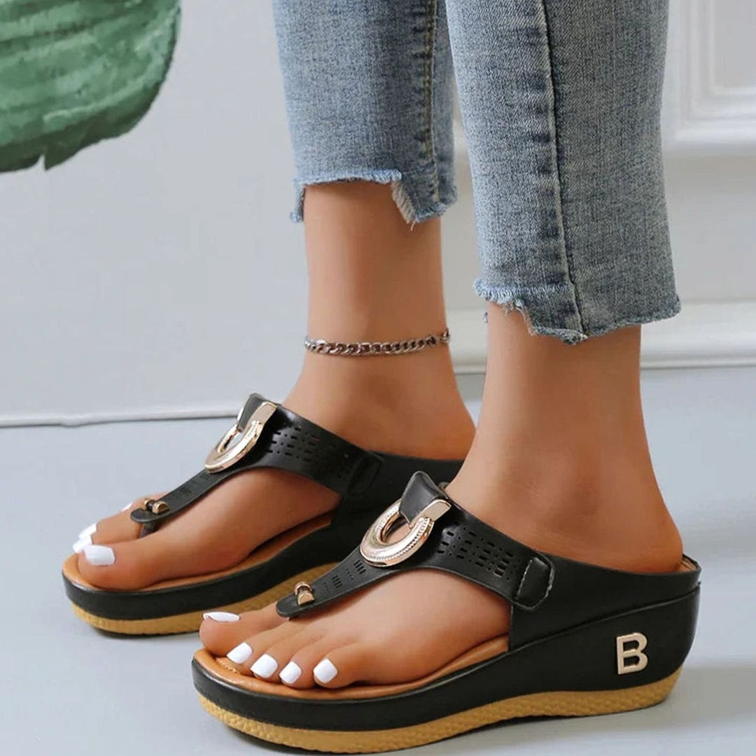 Women's Wedge Platform Toe-Post Sandals Gold Buckle Detail