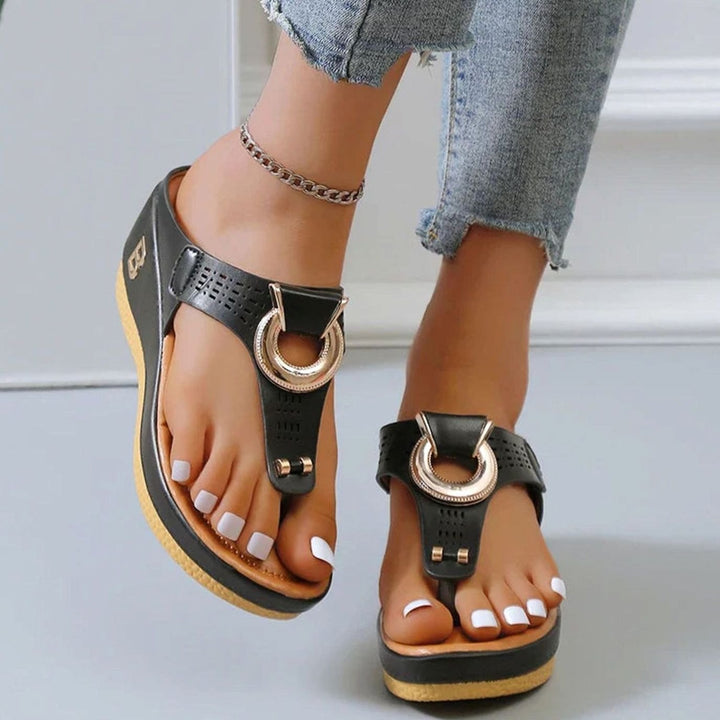 Women's Wedge Platform Toe-Post Sandals Gold Buckle Detail