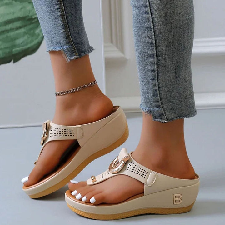 Women's Wedge Platform Toe-Post Sandals Gold Buckle Detail