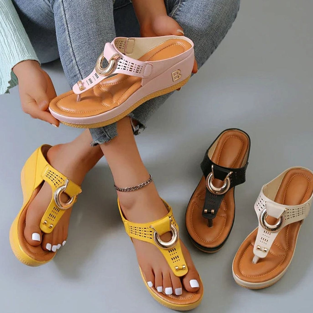Women's Wedge Platform Toe-Post Sandals Gold Buckle Detail