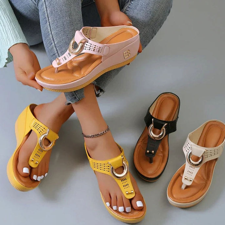 Women's Wedge Platform Toe-Post Sandals Gold Buckle Detail