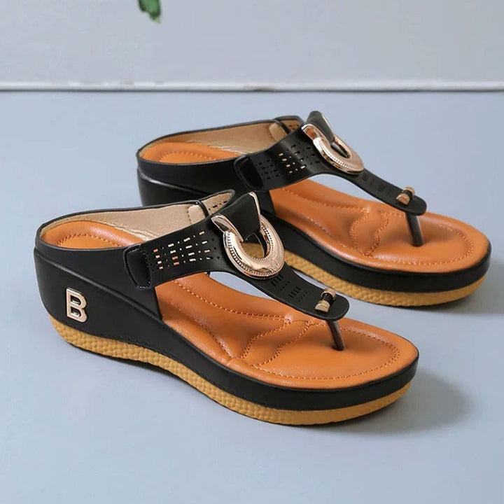 Women's Wedge Platform Toe-Post Sandals Gold Buckle Detail - Black
