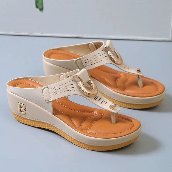 Women's Wedge Platform Toe-Post Sandals Gold Buckle Detail - Beige