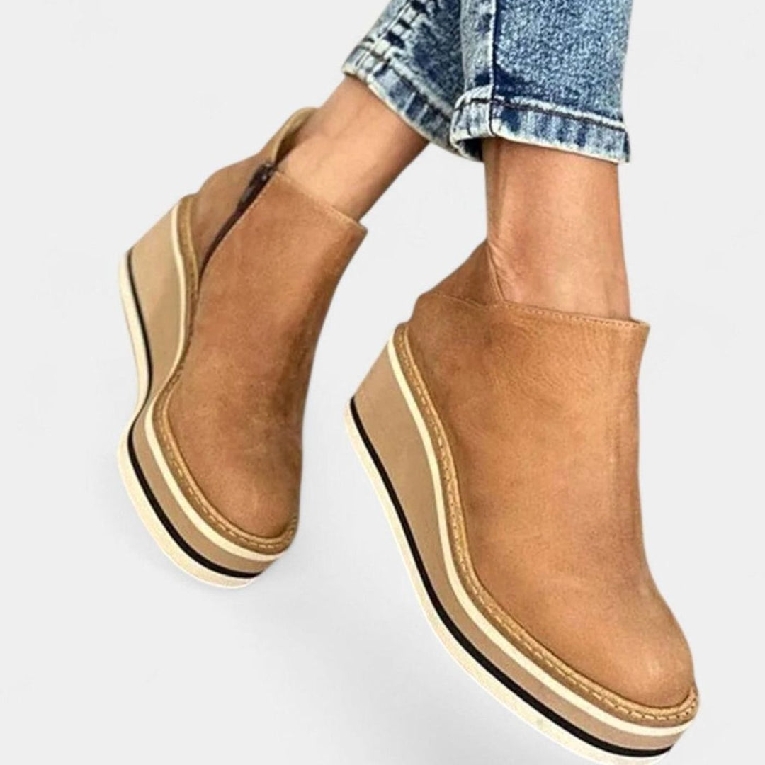 Women's Wedge Platform Zip-Up Heeled Ankle Boots - Khaki