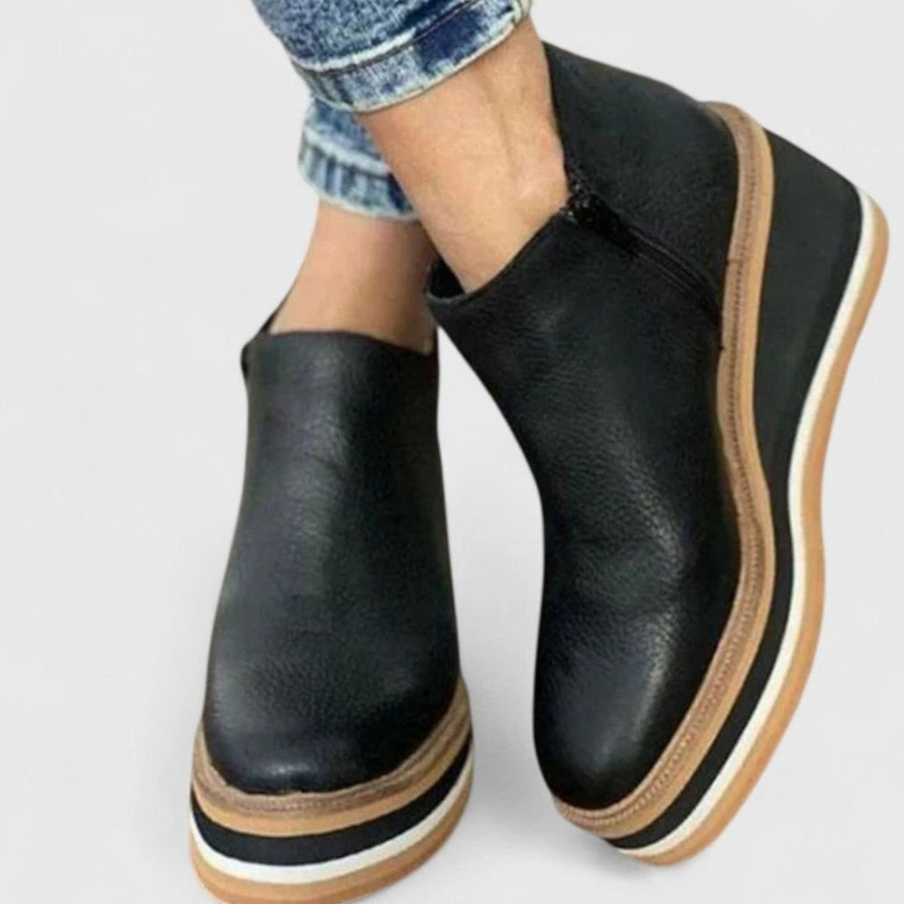 Women's Wedge Platform Zip-Up Heeled Ankle Boots - Black