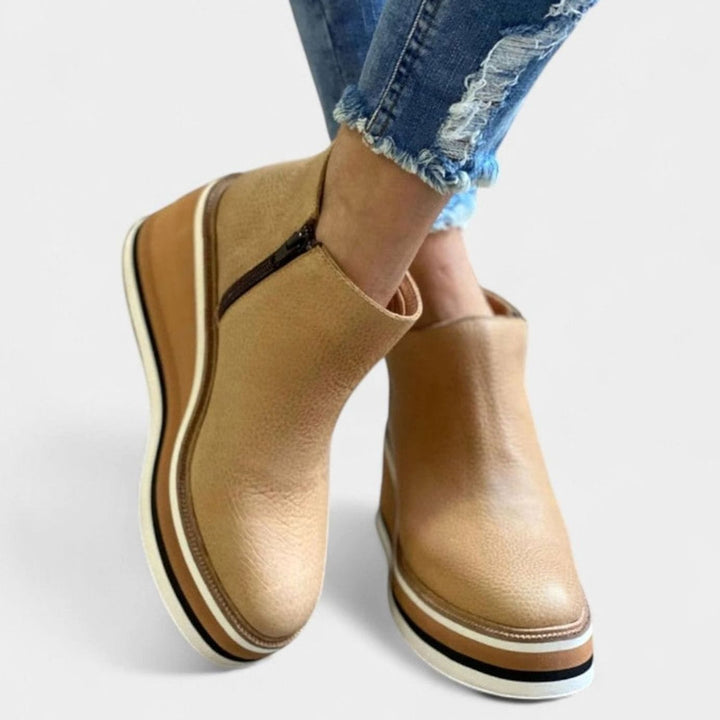 Women's Wedge Platform Zip-Up Heeled Ankle Boots - Beige