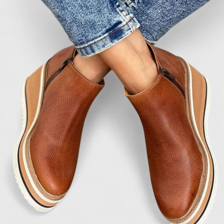 Women's Wedge Platform Zip-Up Heeled Ankle Boots - Brown