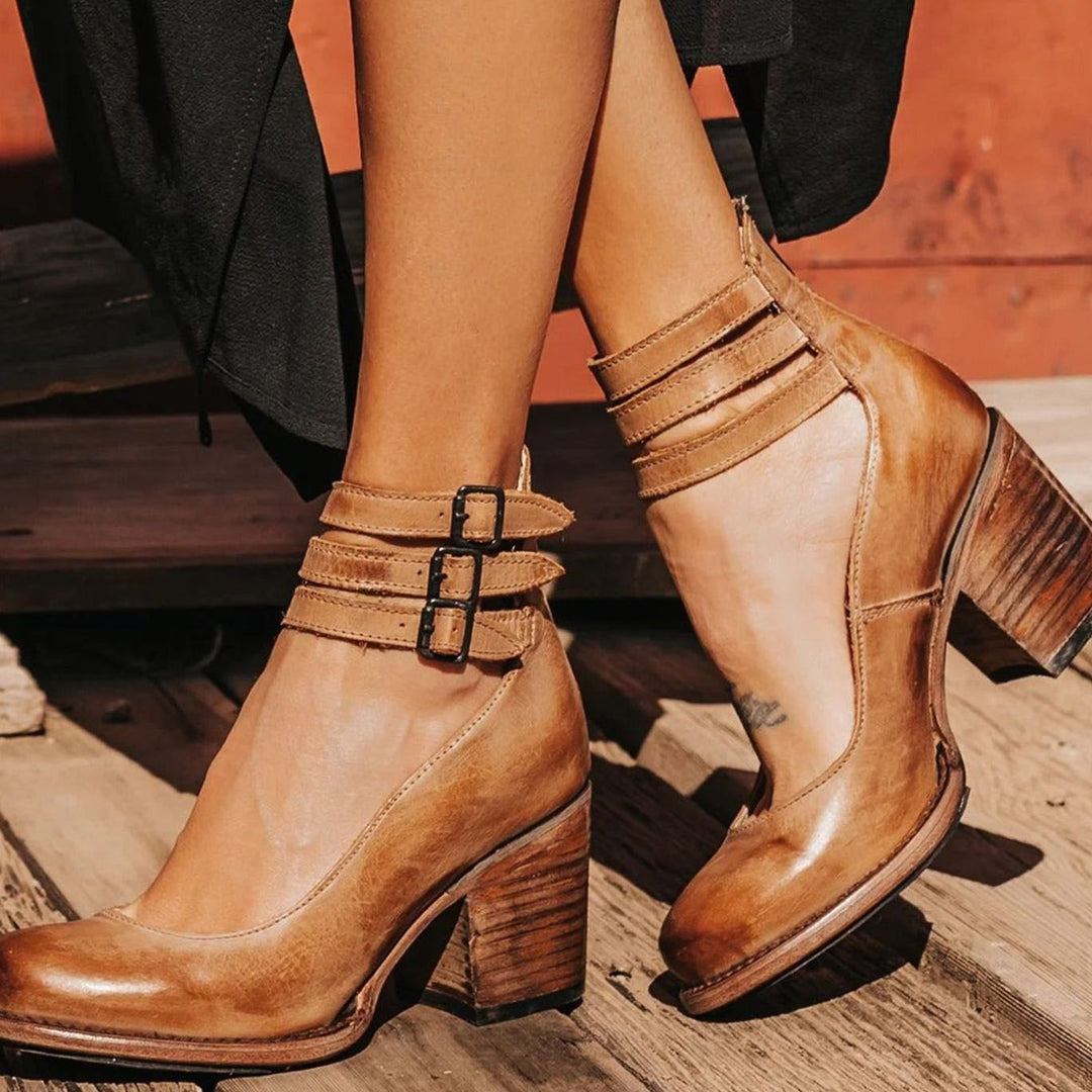 Women's Western Leather Block Heel Ankle Boots Double Buckle Strap