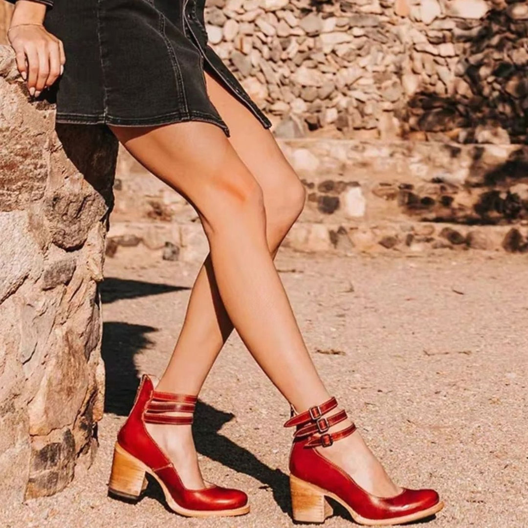 Women's Western Leather Block Heel Ankle Boots Double Buckle Strap