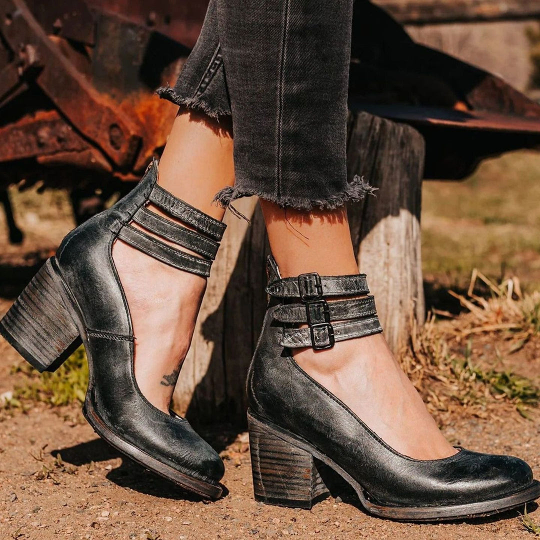 Women's Western Leather Block Heel Ankle Boots Double Buckle Strap