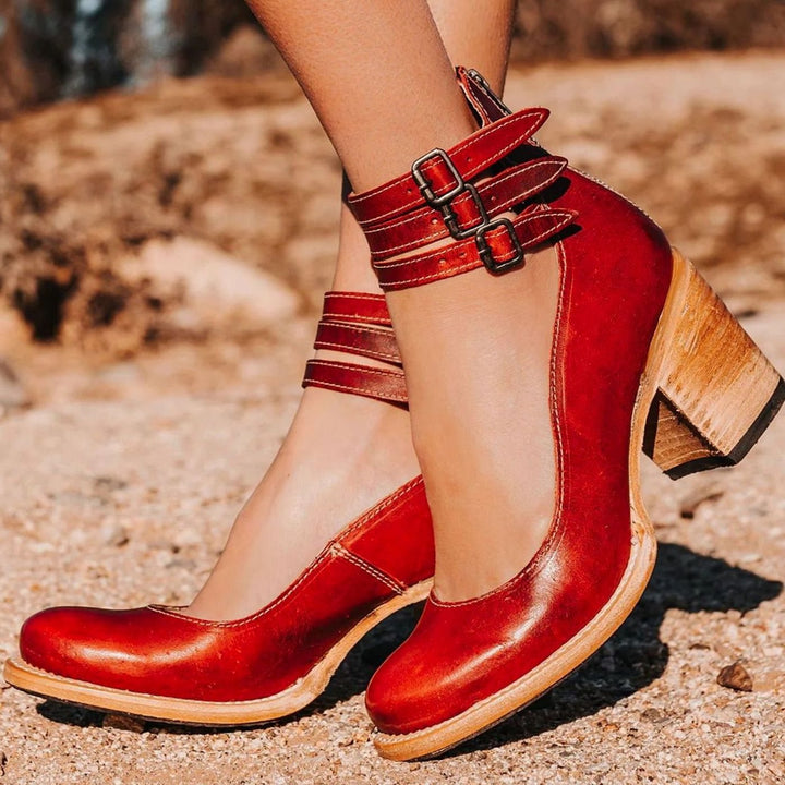 Women's Western Leather Block Heel Ankle Boots Double Buckle Strap