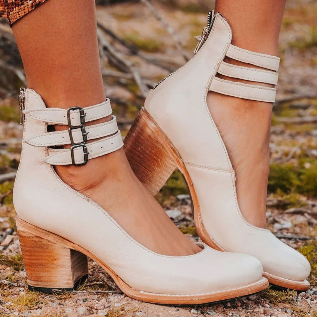 Women's Western Leather Block Heel Ankle Boots Double Buckle Strap