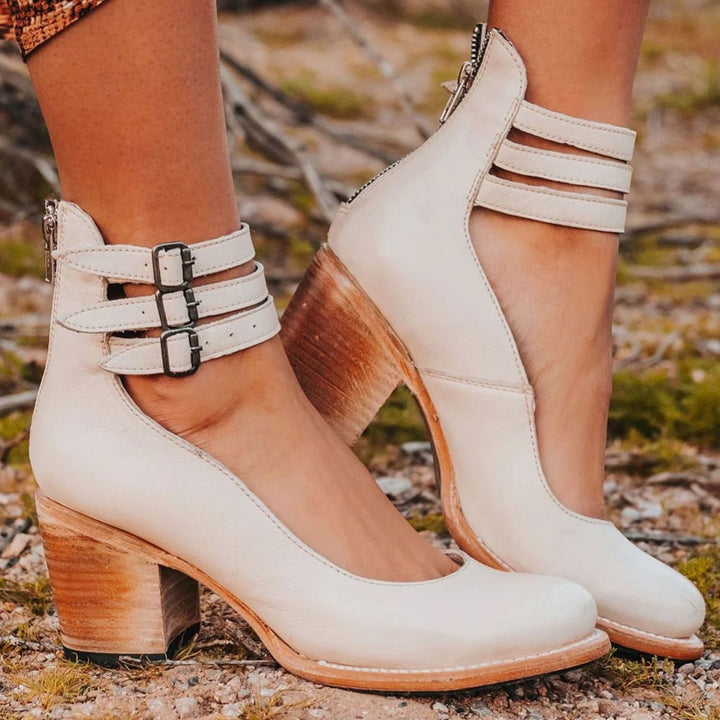 Women's Western Leather Block Heel Ankle Boots Double Buckle Strap