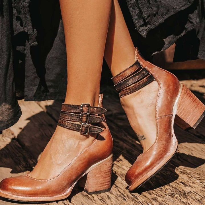 Women's Western Leather Block Heel Ankle Boots Double Buckle Strap