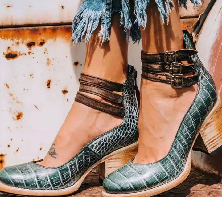 Women's Western Leather Block Heel Ankle Boots Double Buckle Strap