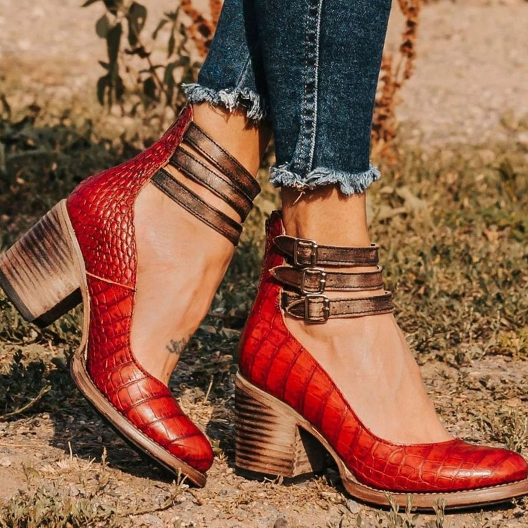 Women's Western Leather Block Heel Ankle Boots Double Buckle Strap
