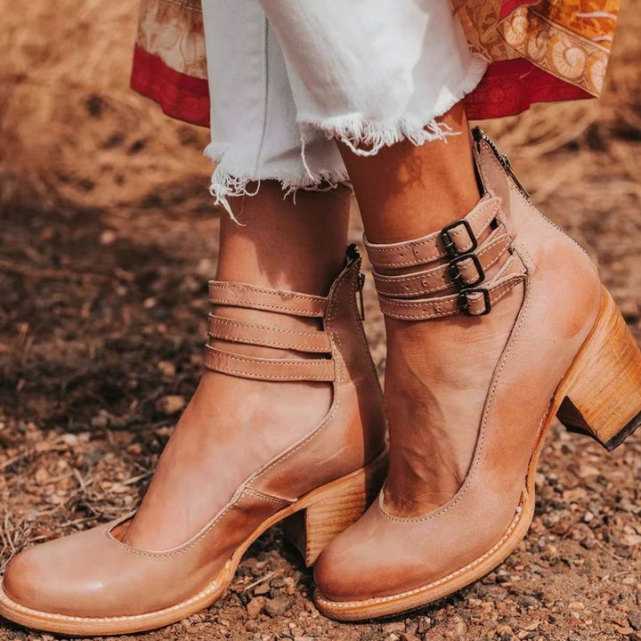 Women's Western Leather Block Heel Ankle Boots Double Buckle Strap