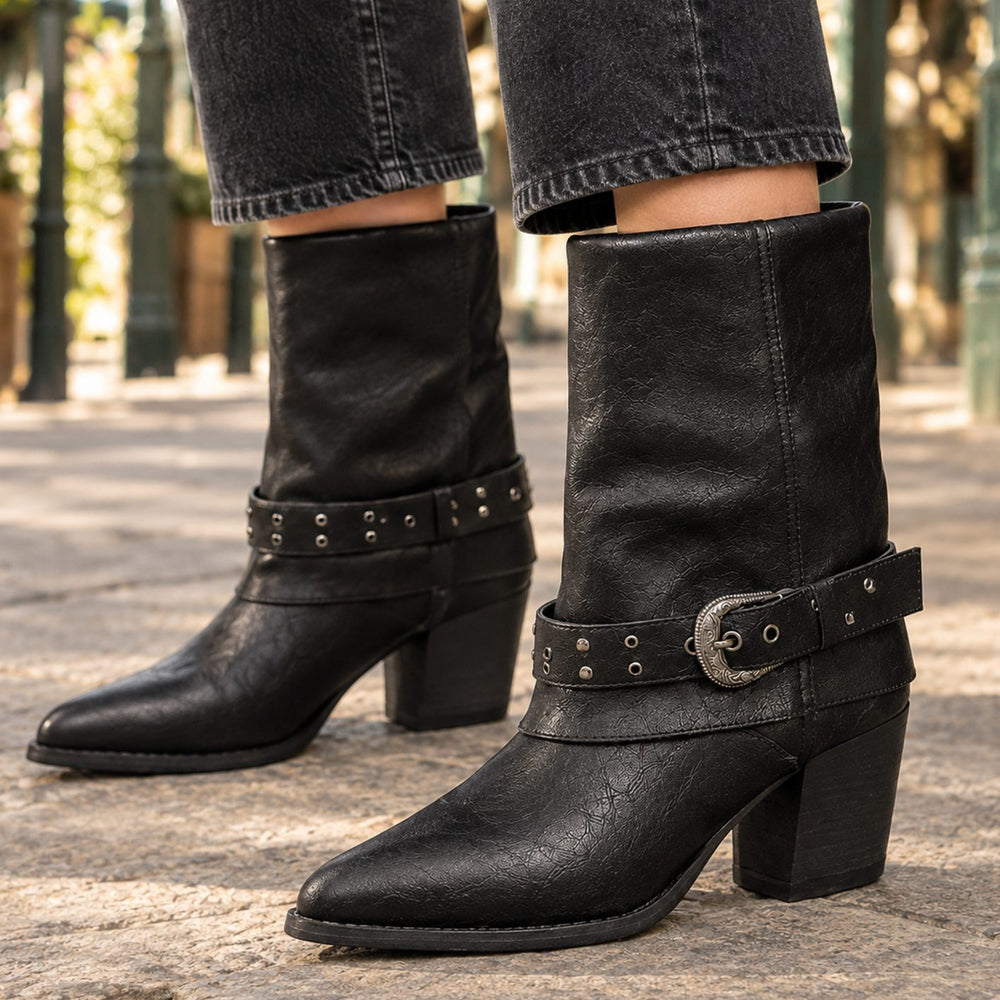 Women's Western-Style Block-Heel Buckle Boots