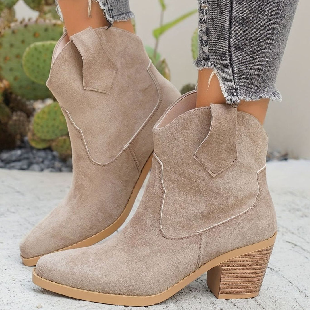 Women's Western-Style Pointed-Toe Block-Heel Slip-On Ankle Boots - Beige