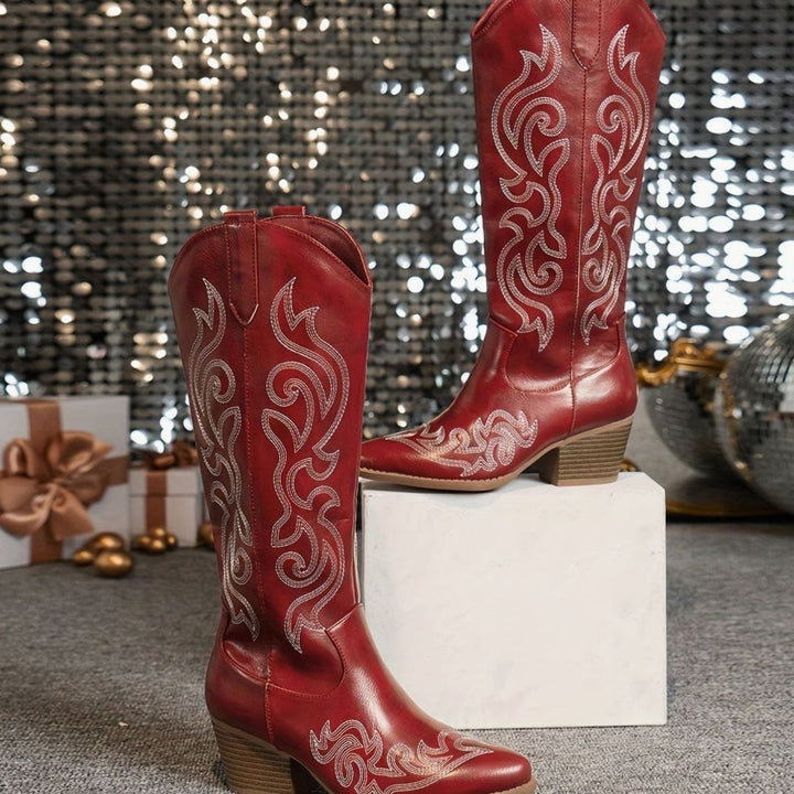 Women's Wide-Calf Knee-High Embroidered Western Cowboy Boots - Red