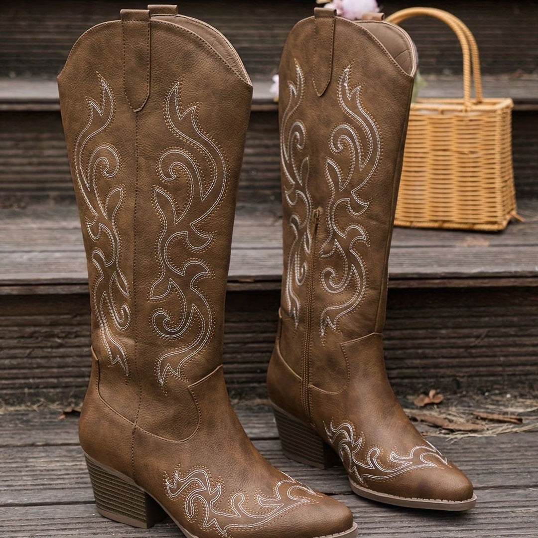 Women's Wide-Calf Knee-High Embroidered Western Cowboy Boots - Brown