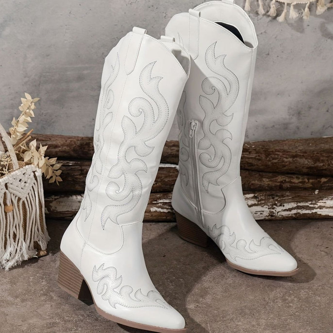 Women's Wide-Calf Knee-High Embroidered Western Cowboy Boots - White