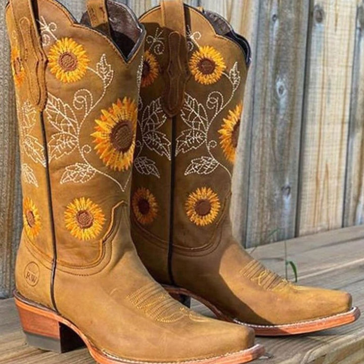 Women's Wide-Calf Sunflower Embroidered Western Cowboy Boots - Khaki