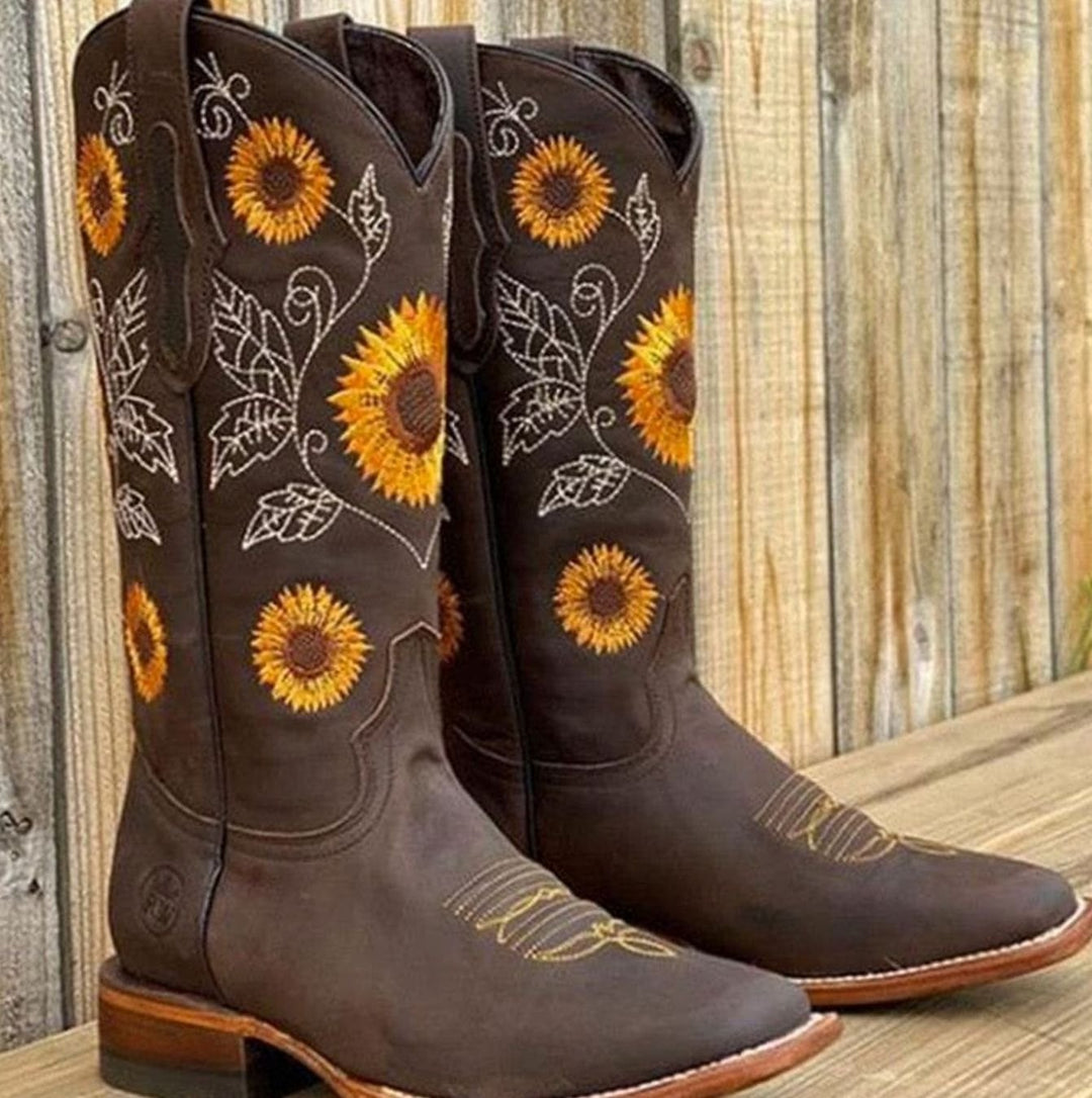 Women's Wide-Calf Sunflower Embroidered Western Cowboy Boots - Dark Brown