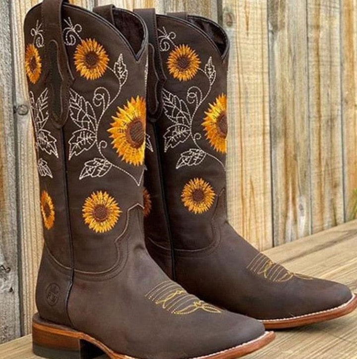 Women's Wide-Calf Sunflower Embroidered Western Cowboy Boots - Dark Brown