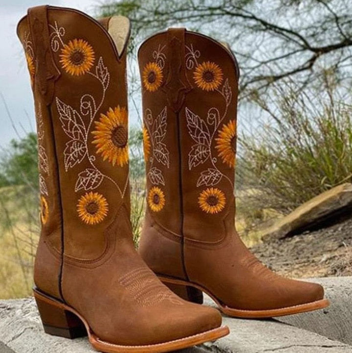 Women's Wide-Calf Sunflower Embroidered Western Cowboy Boots - Brown