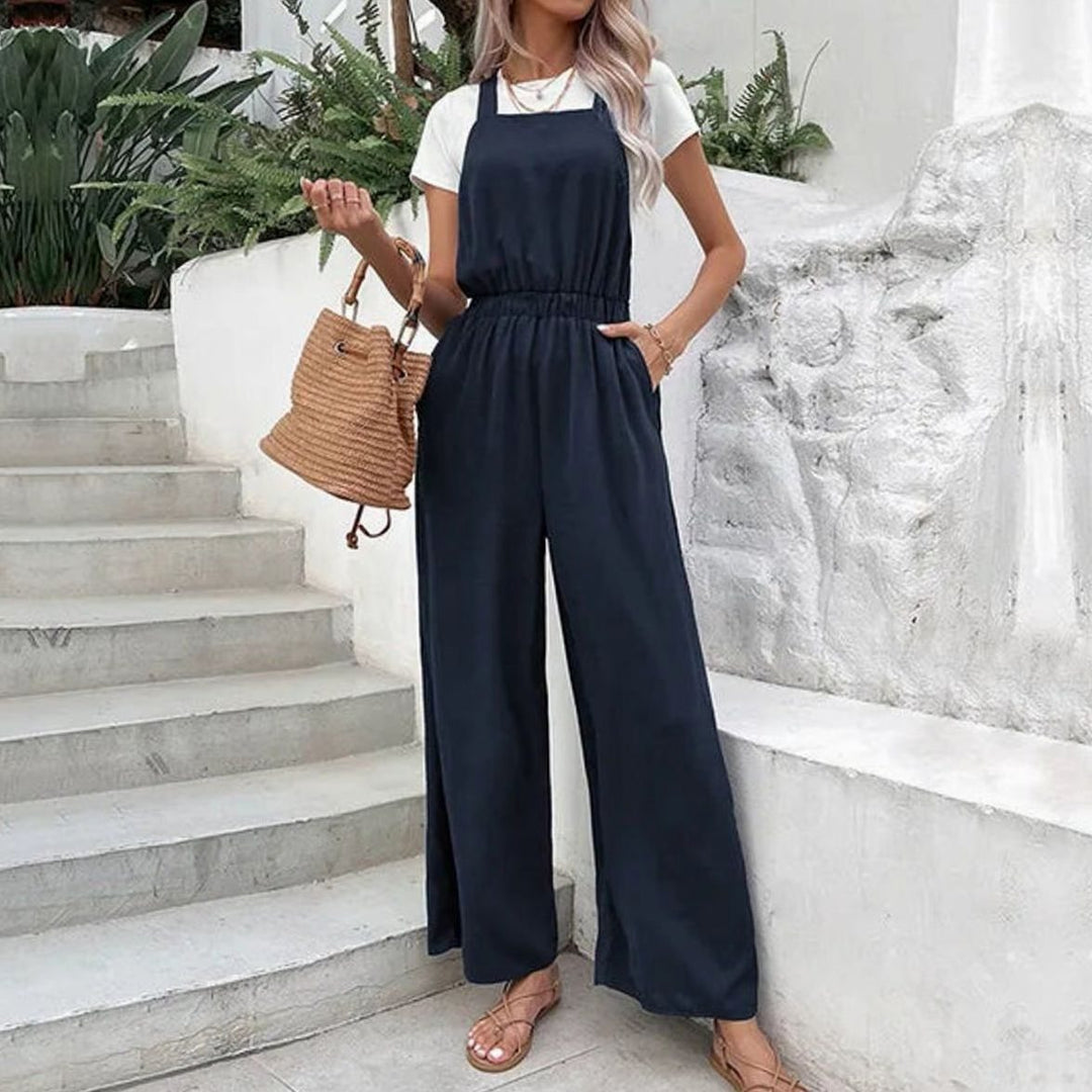 Women's Wide-Leg Gathered-Waist Elasticated Dungaree Jumpsuit - Navy Blue