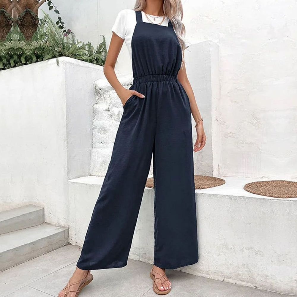 Women's Wide-Leg Gathered-Waist Elasticated Dungaree Jumpsuit