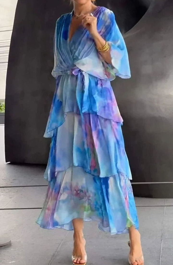 Women's Wrap-Front Tiered Ruffle Chiffon Midi Dress