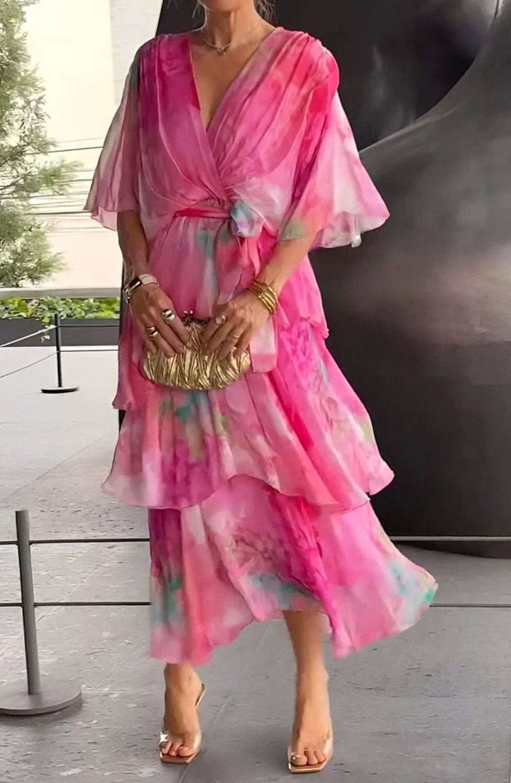 Women's Wrap-Front Tiered Ruffle Chiffon Midi Dress