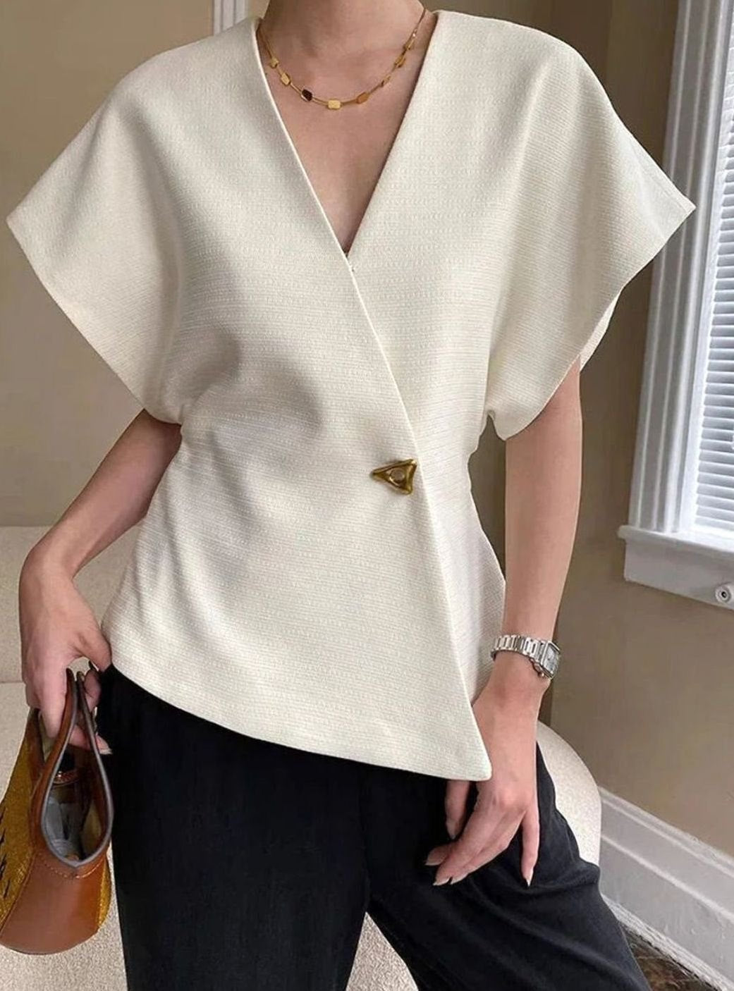 Women's Wrap-Front V-Neck Sculpted Cap-Sleeve Blouse