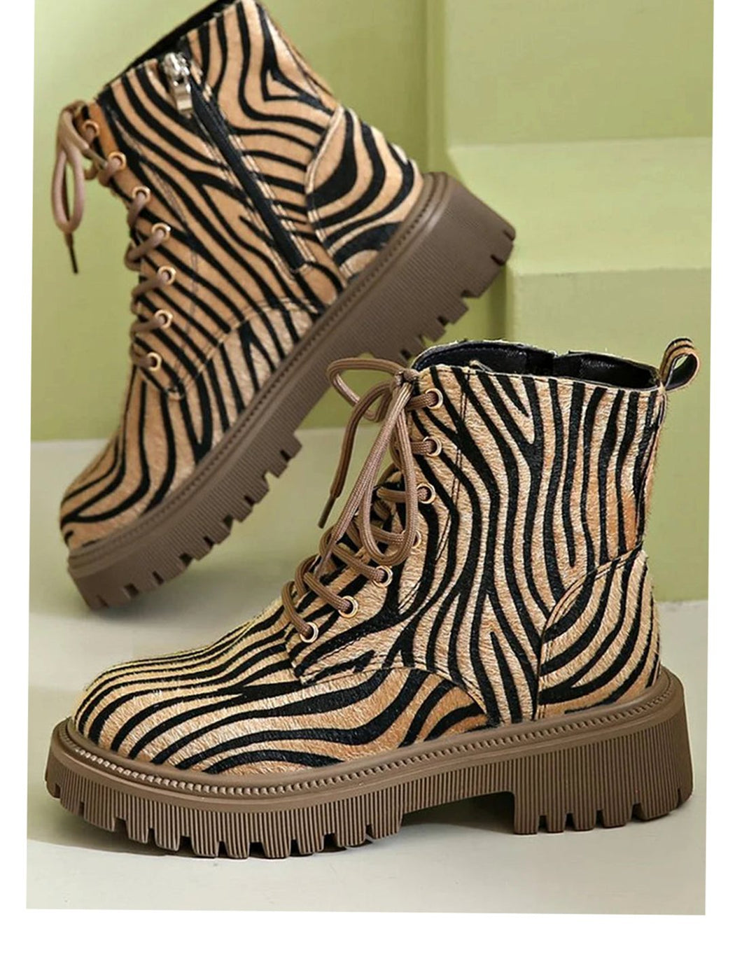 Women's Zebra Print Lace-Up Platform Ankle Boots