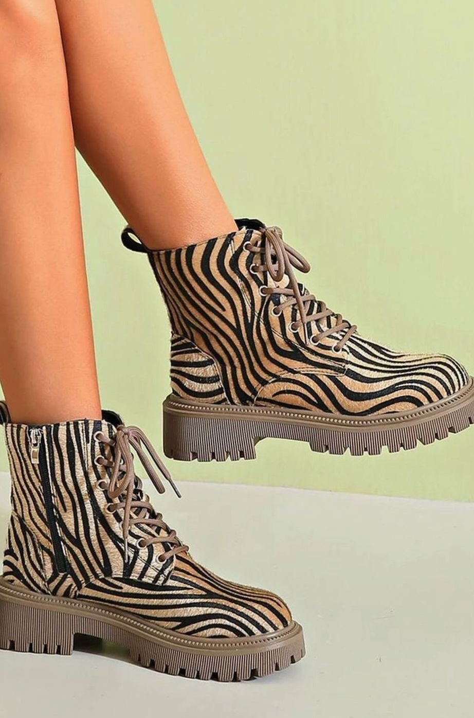 Women's Zebra Print Lace-Up Platform Ankle Boots