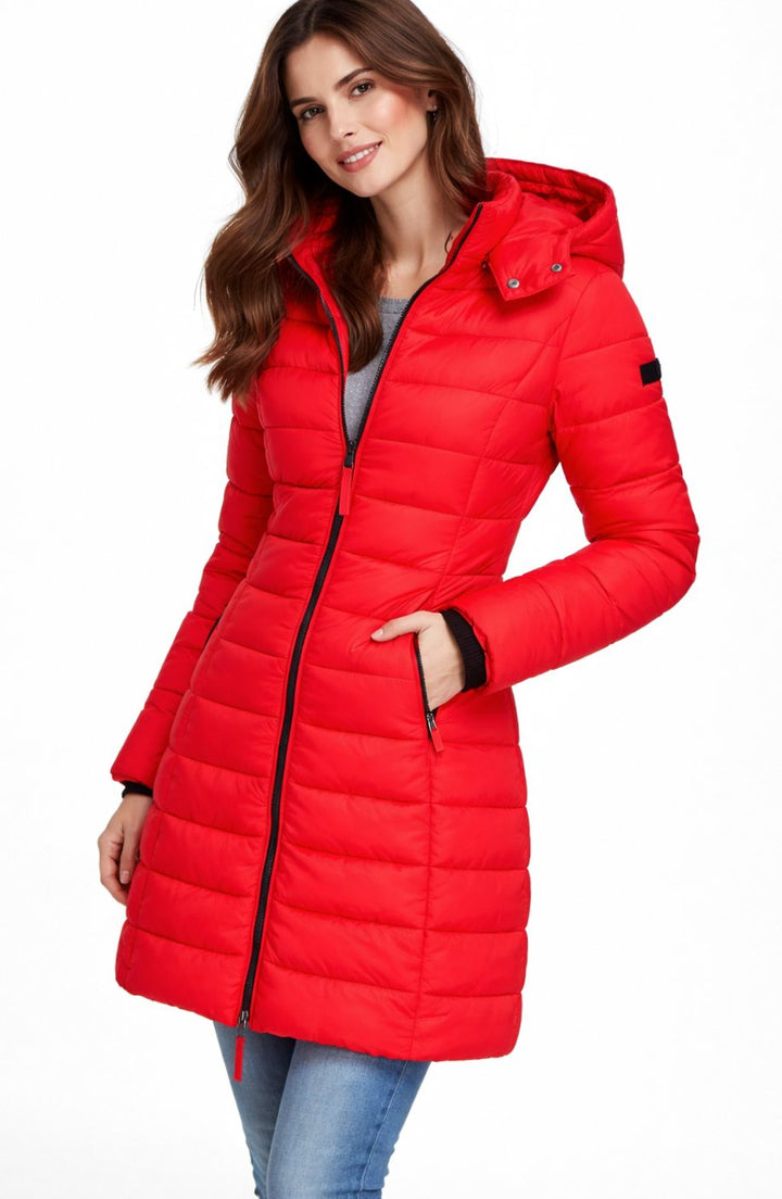 Women's Zippered Hooded Long Puffer Winter Coat - Red
