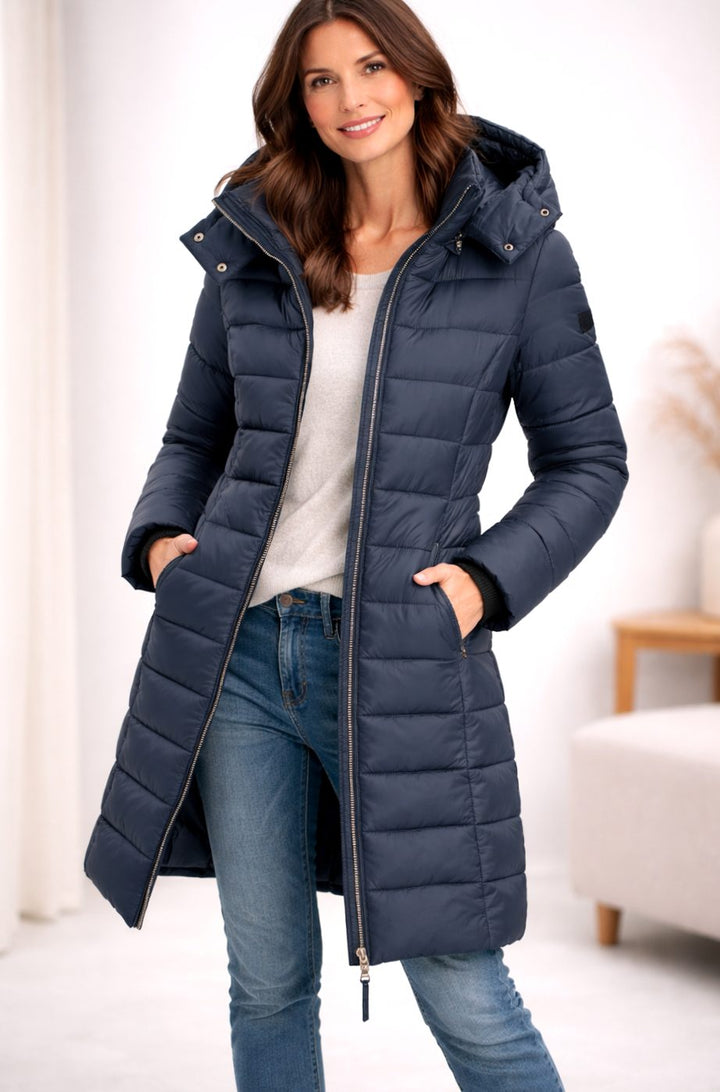 Women's Zippered Hooded Long Puffer Winter Coat - Navy Blue