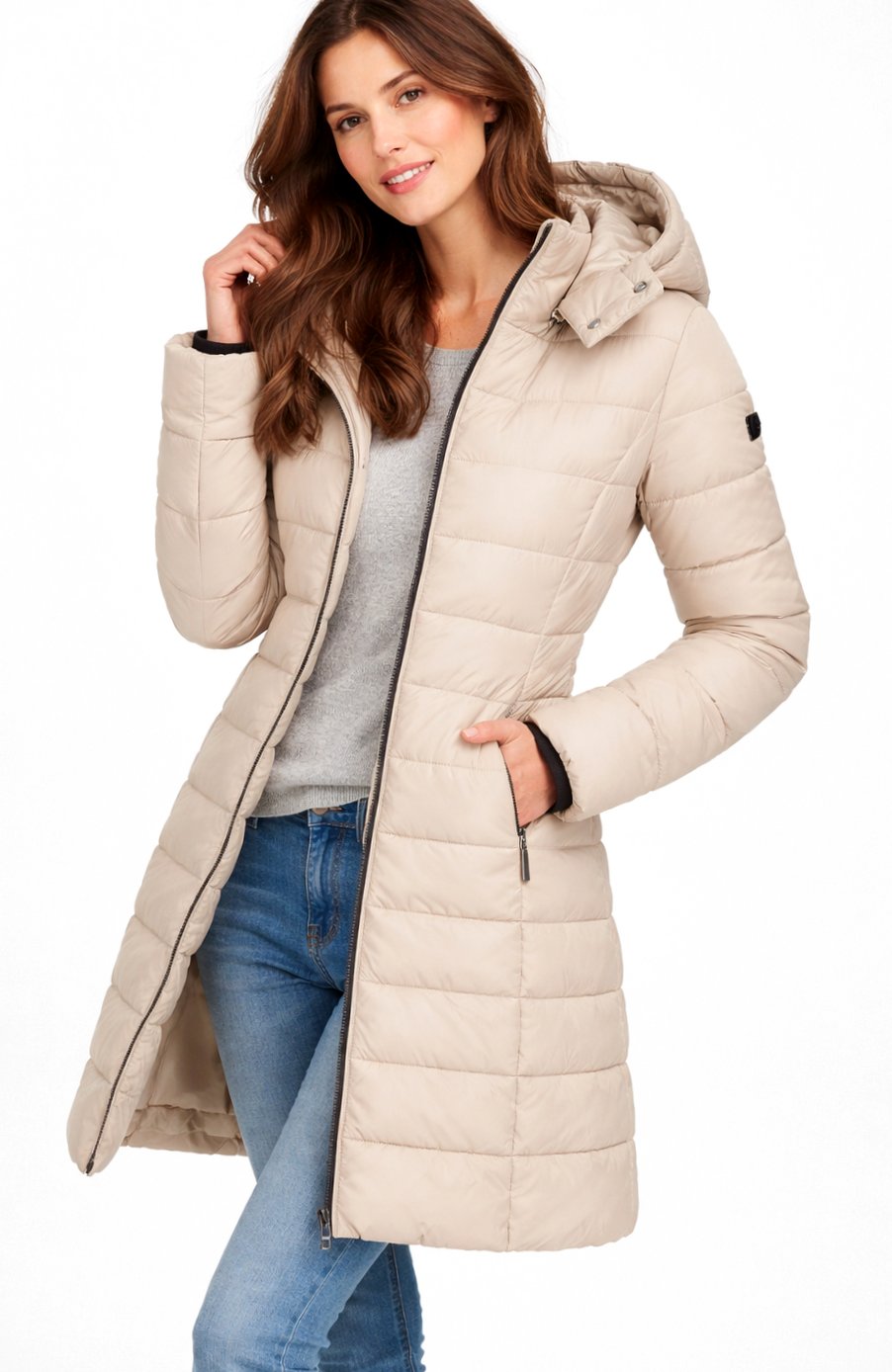 Women's Zippered Hooded Long Puffer Winter Coat - Khaki