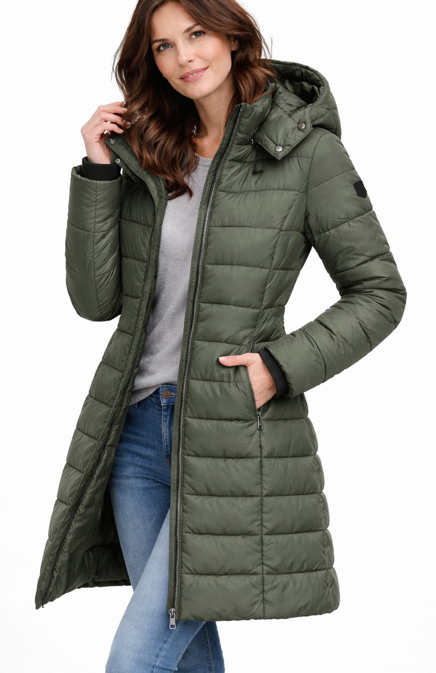 Women's Zippered Hooded Long Puffer Winter Coat - Green