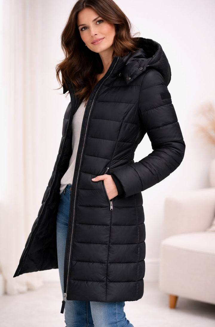Women's Zippered Hooded Long Puffer Winter Coat - Black